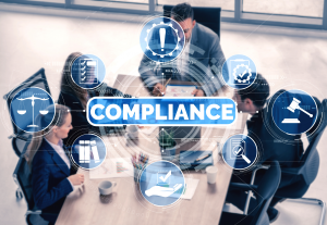 Ilustración digital abstracta sobre ciberseguridad y cumplimiento normativo en empresas