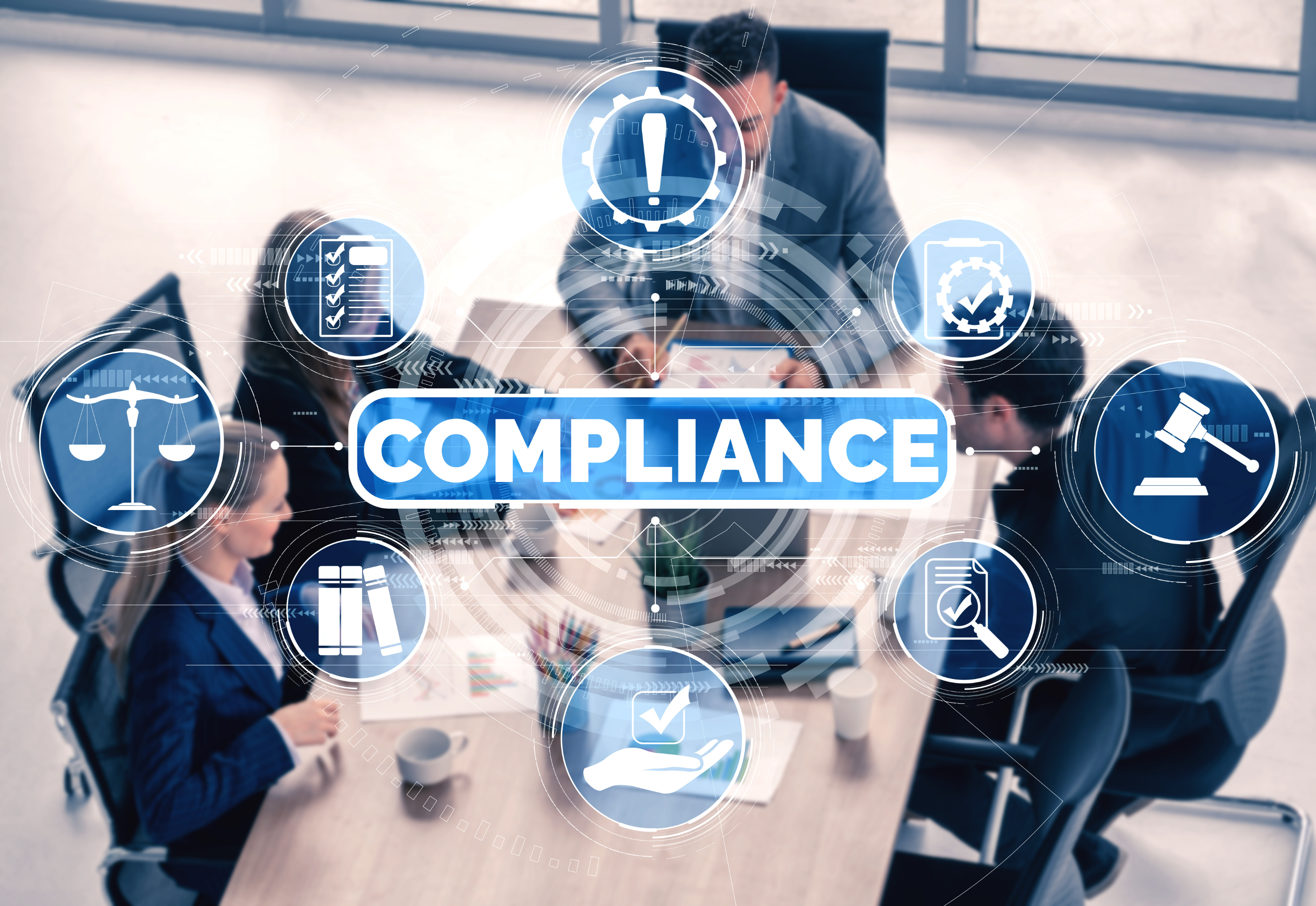 Ilustración digital abstracta sobre ciberseguridad y cumplimiento normativo en empresas